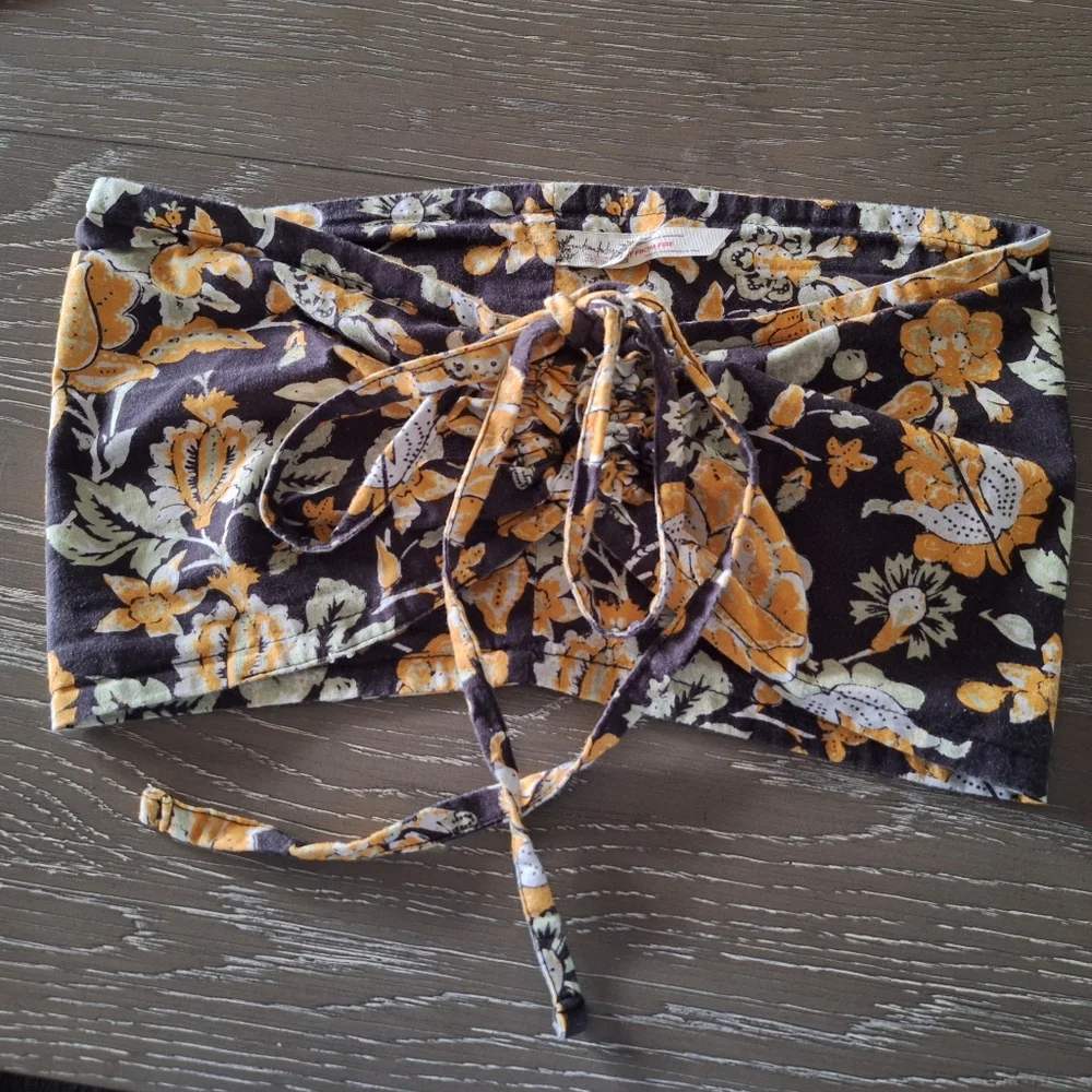 Free People Floral Tie-Front Halter Crop Top in Brown and Yellow